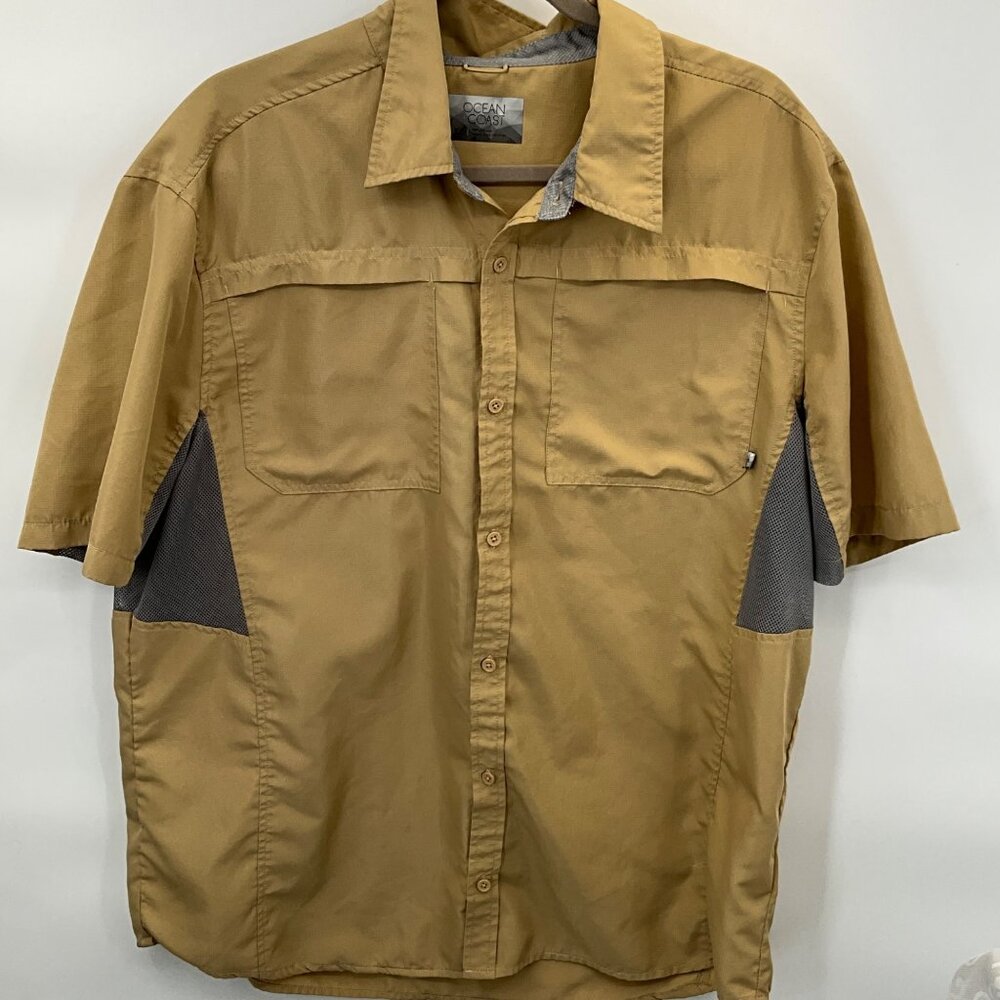 Ocean + Coast  XL Tan Short Sleeve Button-Up Shirt‎ Mesh Panels Fishing Hiking